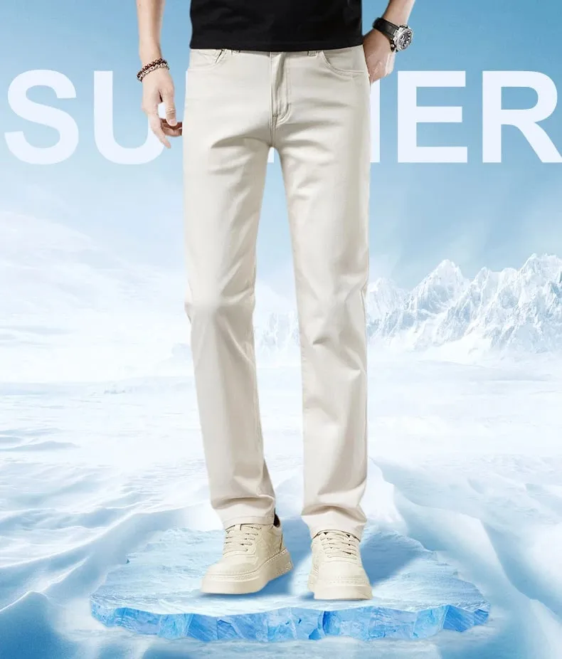 2024 New Men's Khaki White Cotton Stretch Slim Smart Jeans Casual Straight Business Fashion Beige Brand Denim Trousers — image 8