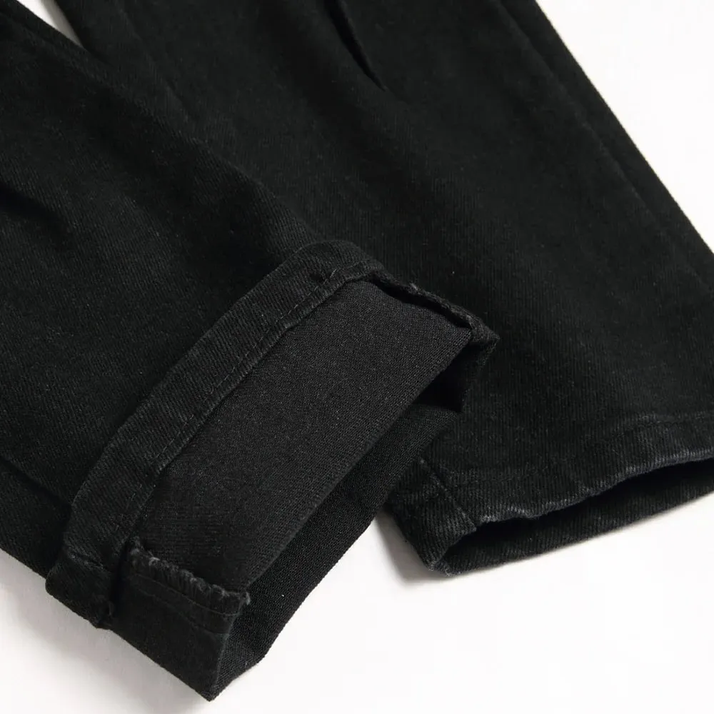 Men Snake Embroidery Jeans Streetwear Black Stretch Denim Pants Holes Ripped Distressed Slim Straight Trousers — image 5
