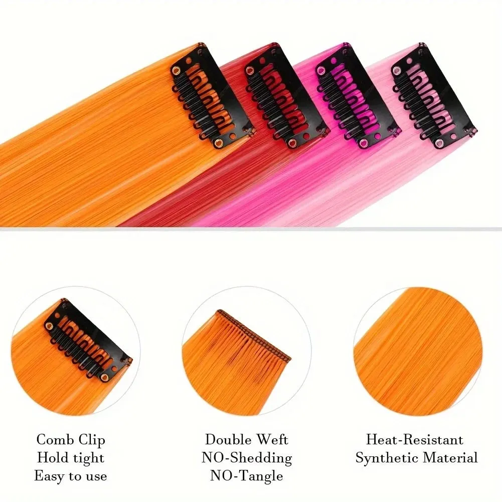 Clip in Hair Extensions 22 Inch Colored Hair Extensions Party Highlights Long Straight Synthetic Hairpieces for Women Kids Girl — image 3