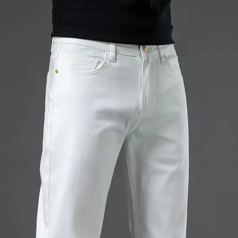 2024 New Men's Khaki White Cotton Stretch Slim Smart Jeans Casual Straight Business Fashion Beige Brand Denim Trousers — image 4