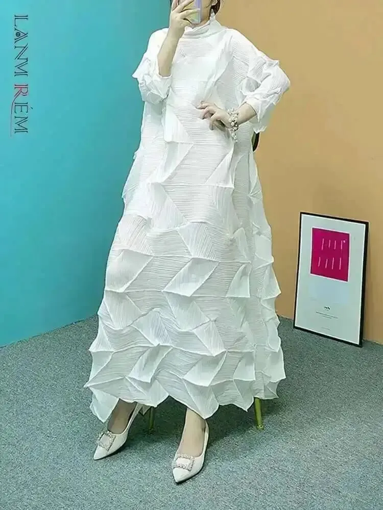 Pleated Maxi Dress For Women Turtleneck Solid Color Loose Style Female Fashion Clothing 2025 Spring Summer New 2DA3596 — image 2