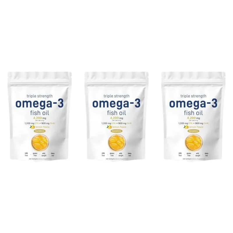 Suplementos de óleo de peixe ômega 3 de força tripla 4200 mg Burpless com sabor de limão EPA 1200 mg DHA 900 mg 240 cápsulas gelatinosas