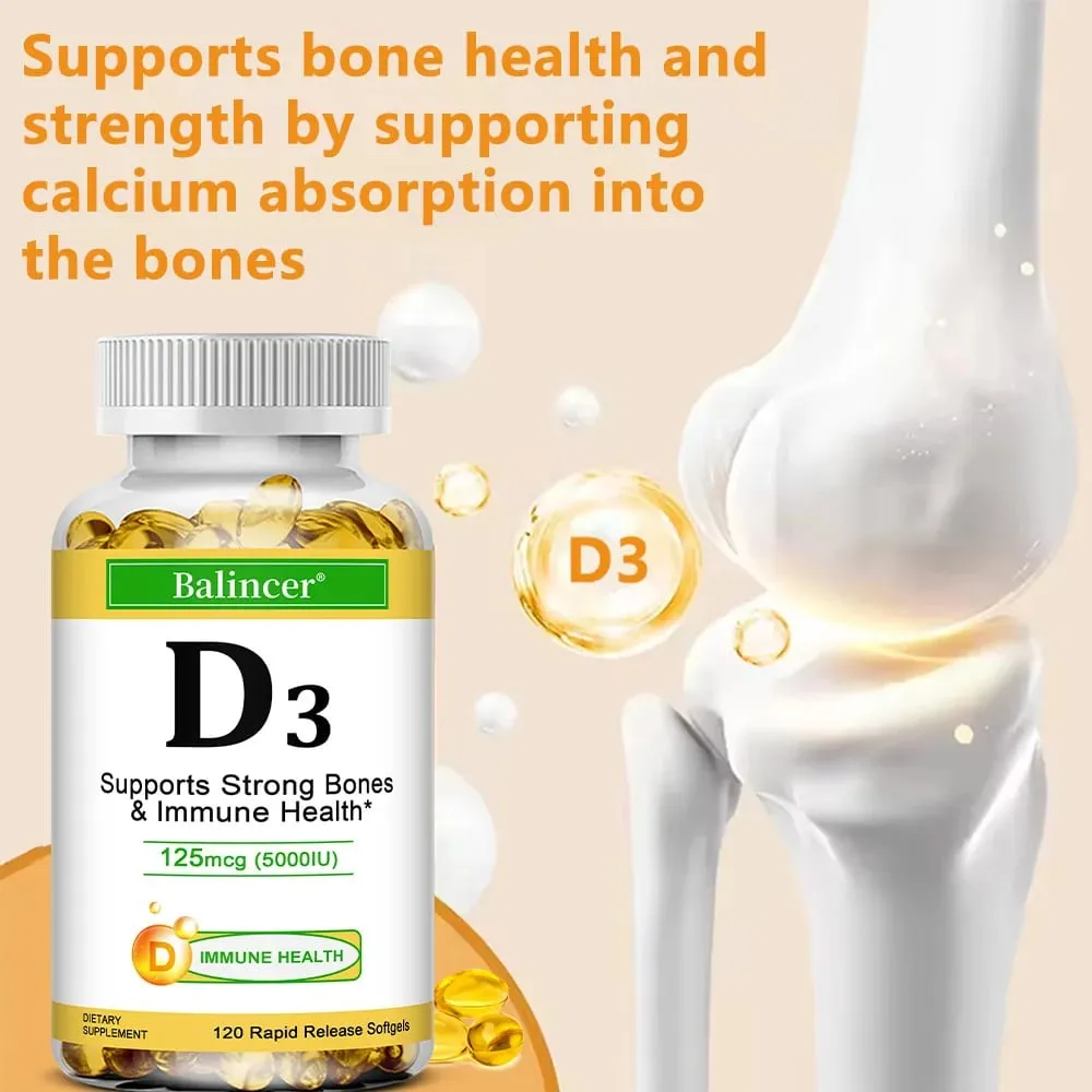Balincer Vitamin D3 5000 IU (125 Mcg) Dietary Supplement for Bone Teeth Muscle and Immune Health Support 30/60/120 Softgels — image 4