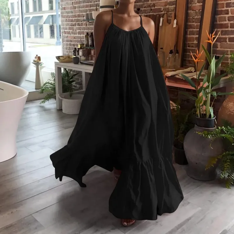 Spring Dress For Women Sexy Solid Strap Dress Pocket Loose Backless Big Swing Dresses Holiday Dresses For Women Wedding Guest