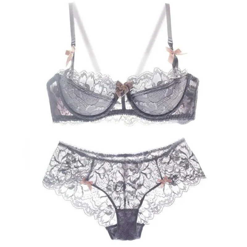 セクシー French Lace Half Cup Bra Set Bow Shoulder Strap Thin Large Bust Minimizer Pure Desire Lingerie For Teen Girls Daily Outfit — image 8