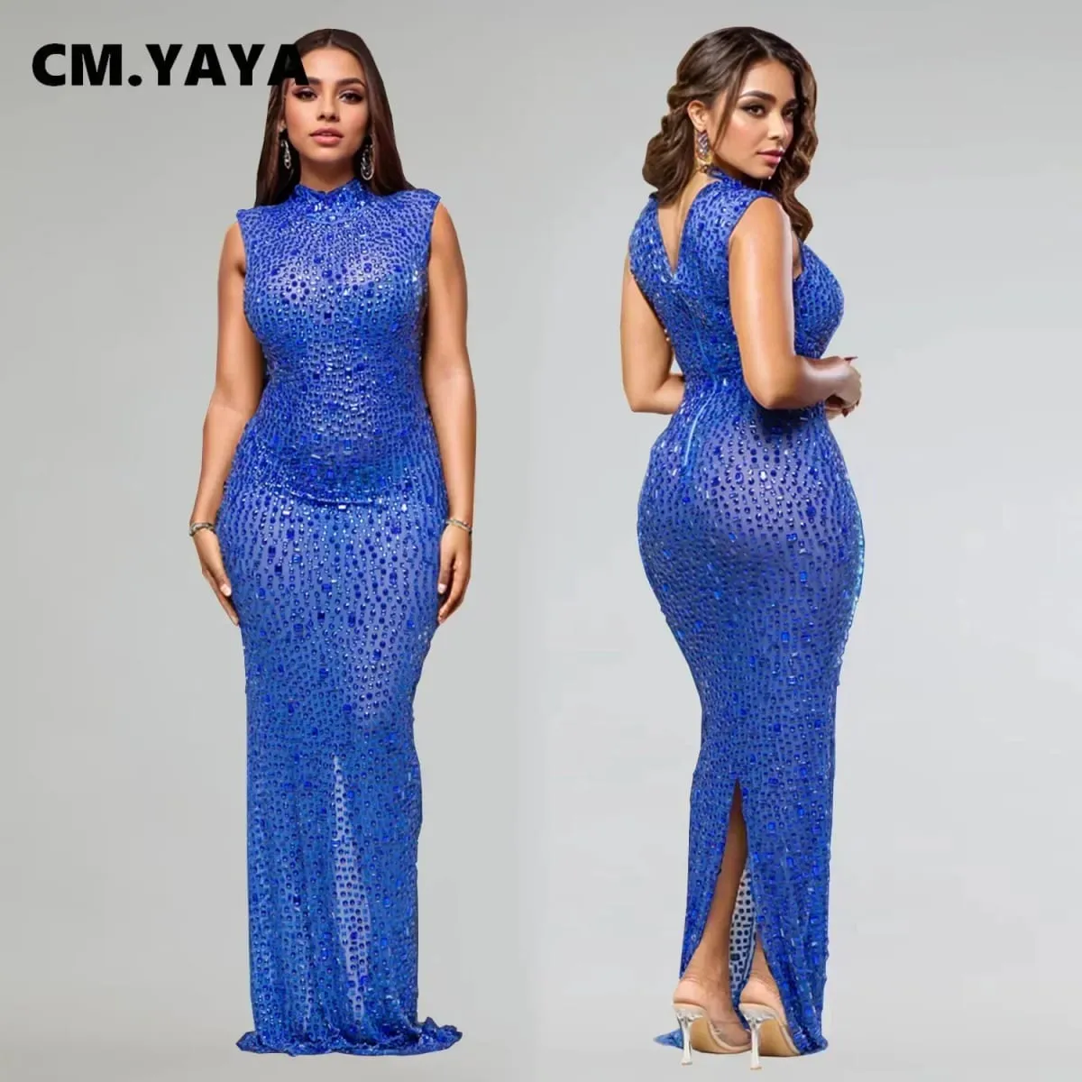 CM.YAYA 2024 가을 다이아몬드 핫 라인 석 오-넥 여성 민소매 Bodycon 롱 드레스 생일 파티 저녁 댄스 파티 맥시 드레스