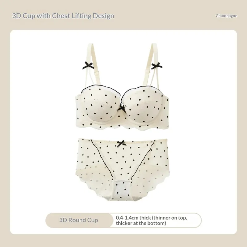 Ensemble deux pièces soutien-gorge en dentelle à pois, petit buste, Anti-affaissement, Collection de seins latéraux, ensemble de Lingerie confortable sans fil — image 6