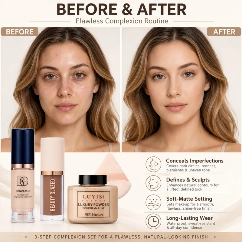 4pcs/Set:Concealer Contour Loose Powder&Puff Full Face Sculpting&Setting Kit Waterproof Long-Lasting Matte Effect Oil-Control. — image 4