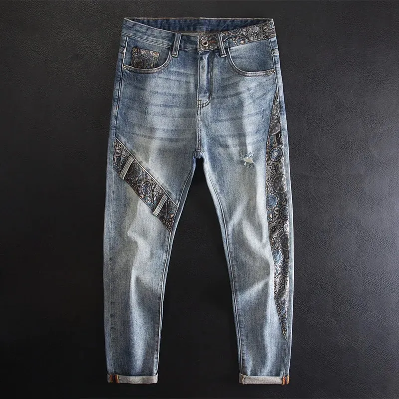 Vintage Patchwork Men's Jeans with Rips Fashionable Print Unique Trendy High-end Slim Fit Skinny Pants