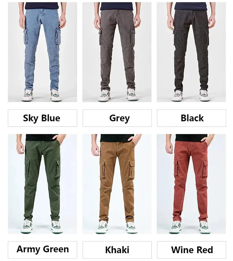 Men's Street Style Elastic Waist Denim Cargo Pants Solid Color Washed Slim Fit Casual Jeans with Multiple Pockets for Daily Wear — image 8