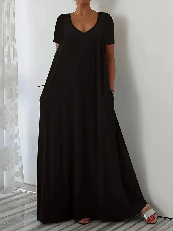Plus Size Letnia nowa długa spódnica, swobodna, luźna, jednokolorowa sukienka z krótkim rękawem i dekoltem w kształcie litery V, plus size dla kobiet