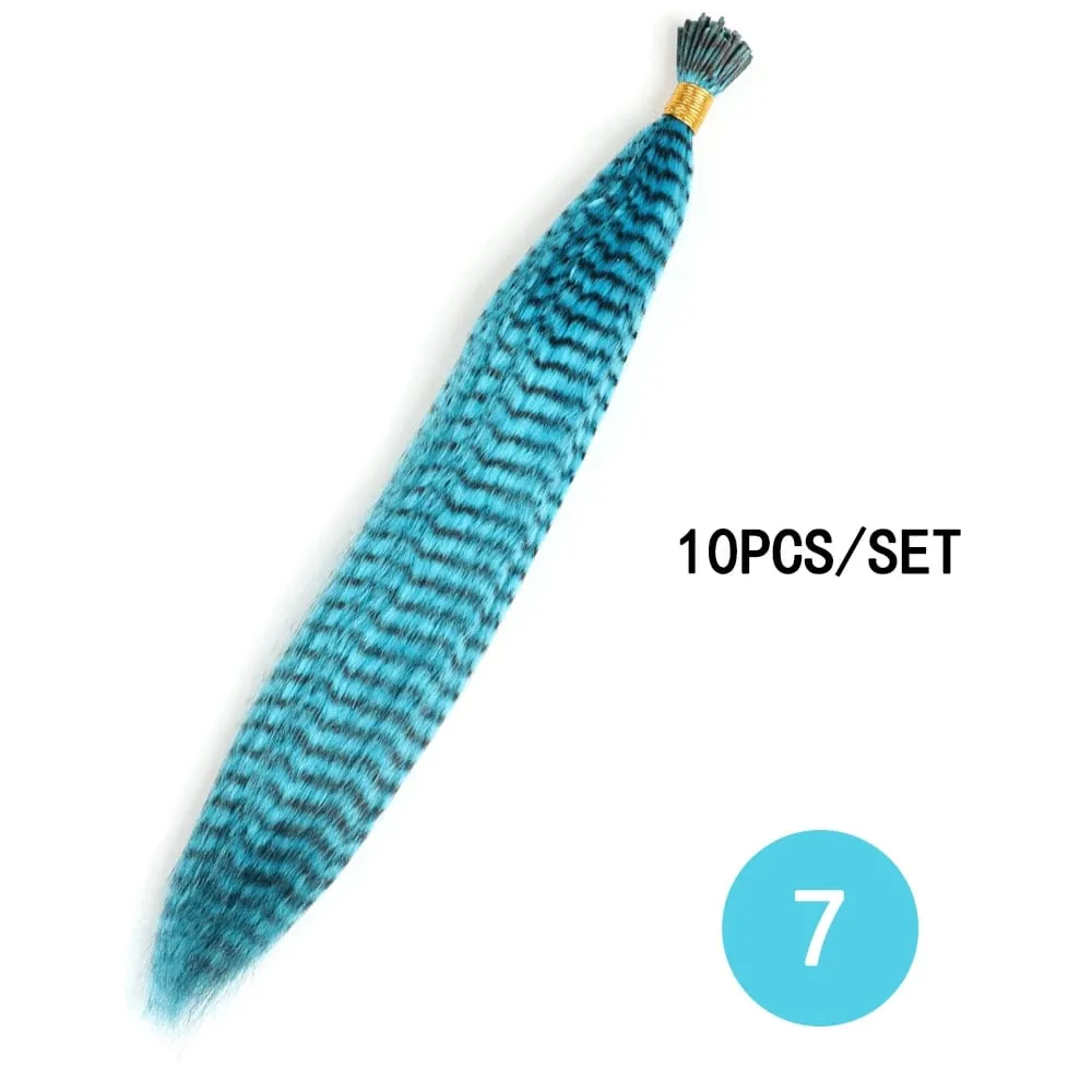 Synthetic Colored Feather Hair Extensions 16Inch 10 Pieces/Pack Blue Purple For Women Zebra Line Feather Hairpiece — image 14