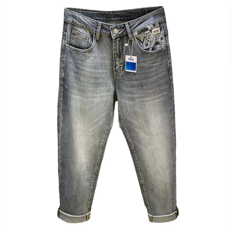Jeans for men in spring and summer 2025 printed with small feet loose and casual stretch denim long pants