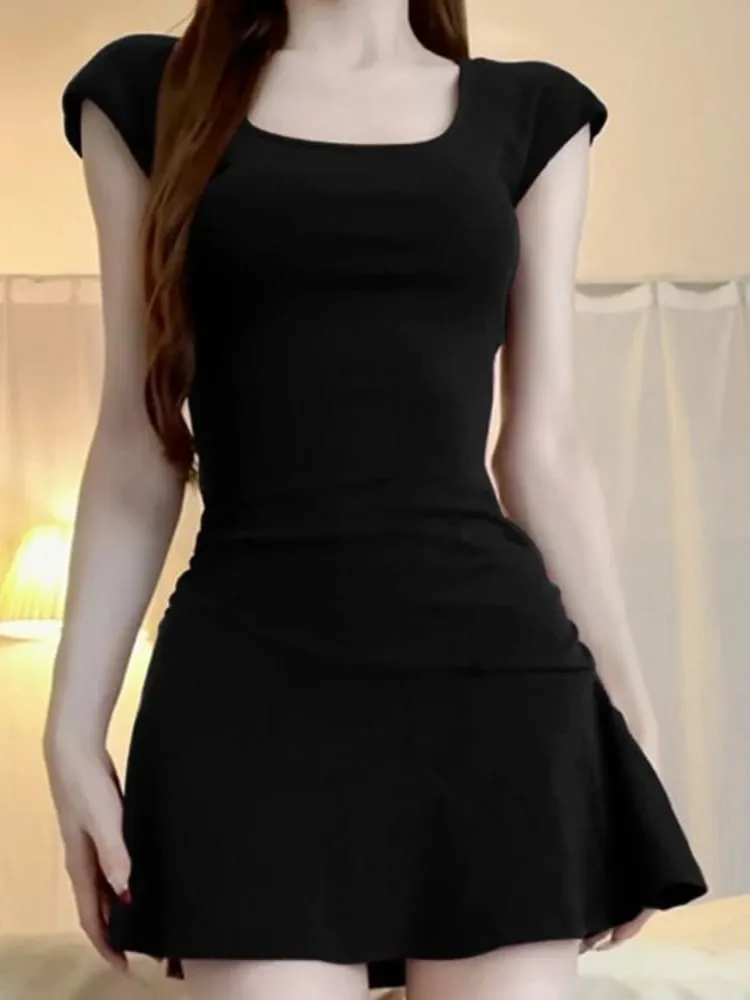 Spicy Girl Solid Purple Short Sleeved Dress Womens Summer Underlay Square Collar Temperament Waist Tight Wrapped Sexy Mini Dress