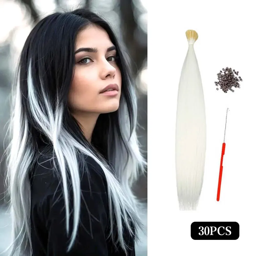 30pcs Colored Hair Extension 16-Inch I-Tip Synthetic Extensions. This long-style kit for women includes beads and a crochet tool — image 1
