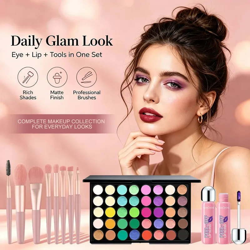 5pcs Makeup Kit 40 Colors Eyeshadow Palette + 3pcs Peel‑Off Lip Gloss with 8pcs Brushes Matte Shimmer Eyeshadow Full Makeup Gift — image 5