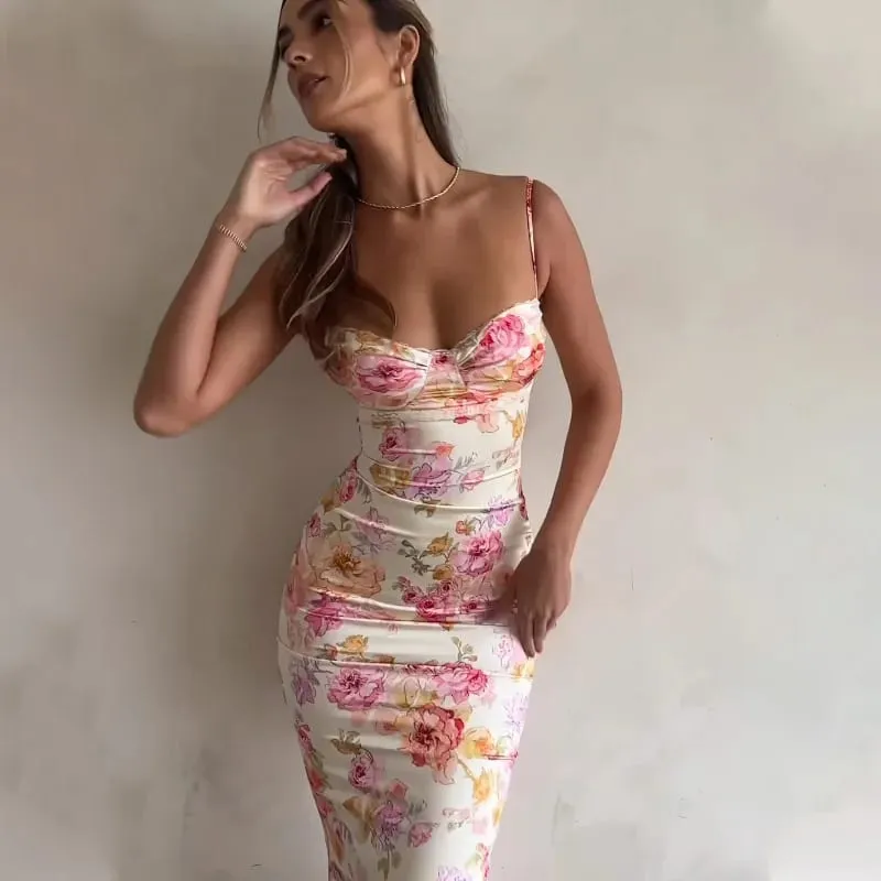 New Floral Suspender Split Slim Sleeveless Patry Beach Style Spaghetti Strap Dress Women Clothes Mini Dress 2024 Summer — image 6