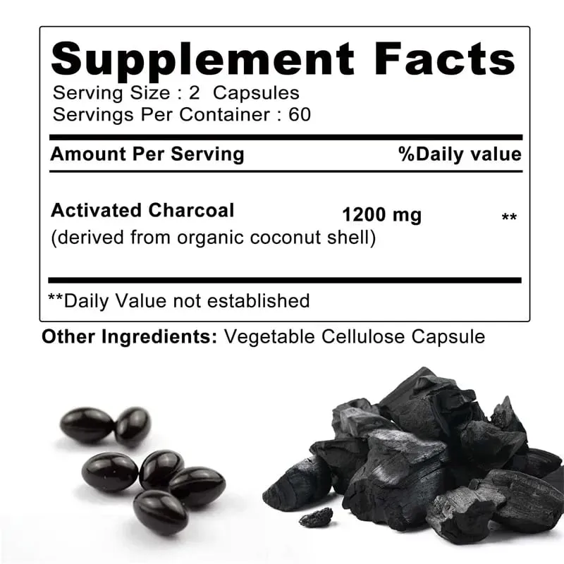 Activated Charcoal Capsules 1 200 Mg - Organic Coconut Shell Helps Relieve Gas & Bloating Detox & Bowel Digestive Supplement — image 3