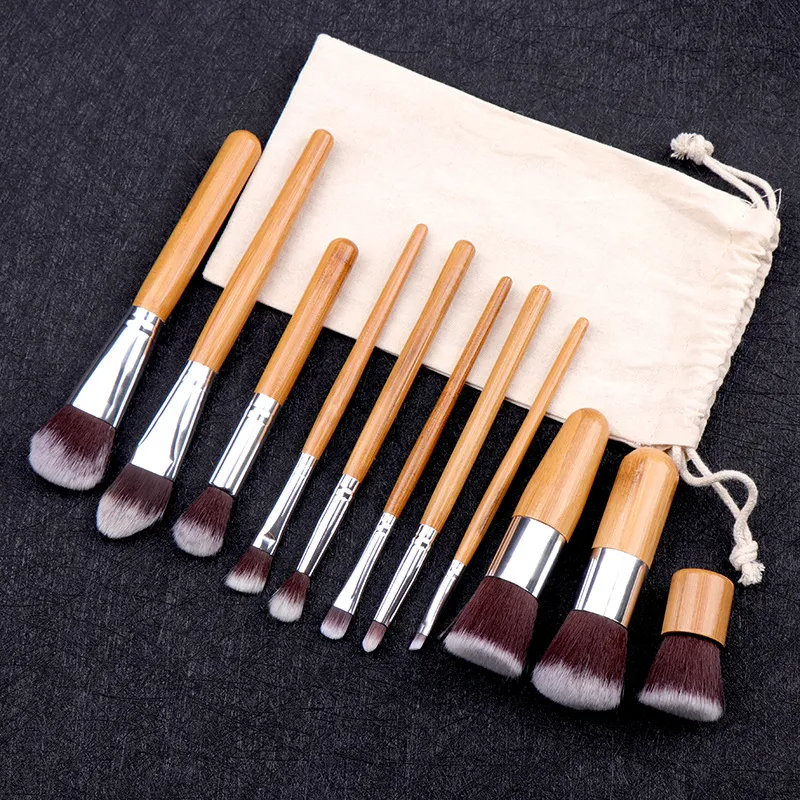 11 Pcs/Set Natural Bamboo Handle Makeup Brushes Set Professional Foundation Blending Brush Cosmetic Make Up Tool With Cotton Bag — image 6