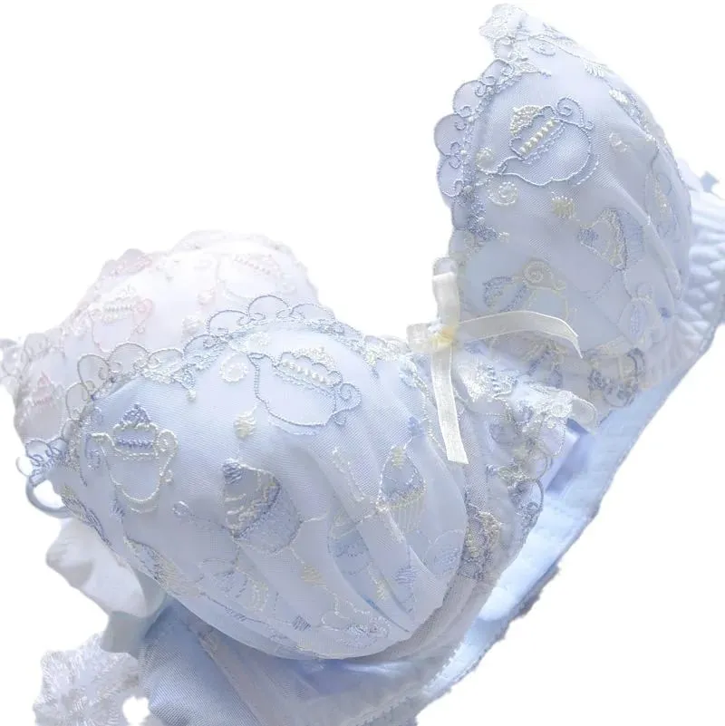 Japanese White Blue Underwire Lolita Embroidered Thin Cup Girl Cute Push Up Sexy Lingerie Bra Set D E — image 5