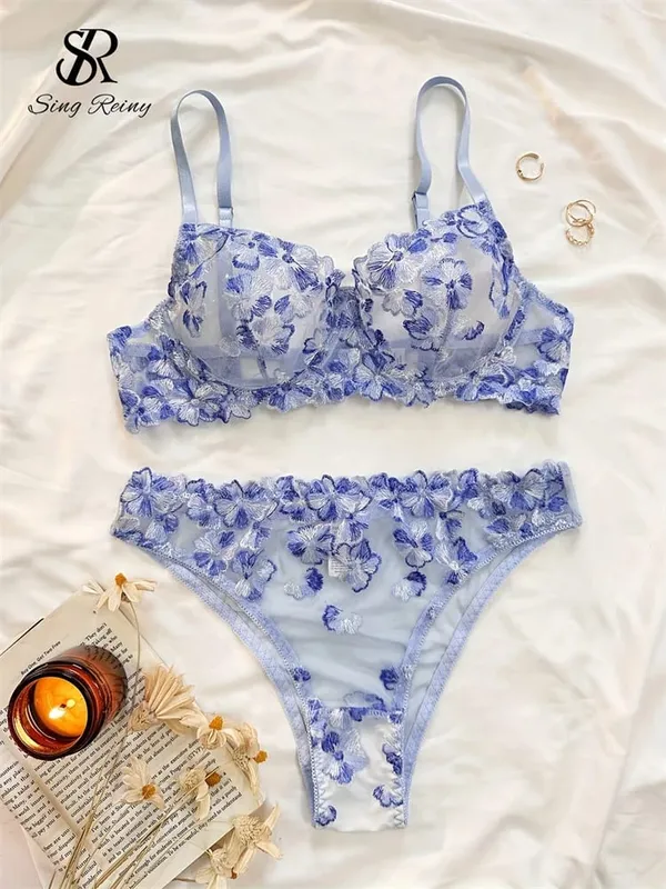 Lưới Sheer Quần Lót Hai Mảnh Phù Hợp Với Hoa Pháp Seusual Bộ Đồ Lót Nữ Thêu Áo Ngực Gợi Cảm & Quần Đùi Bộ — image 8