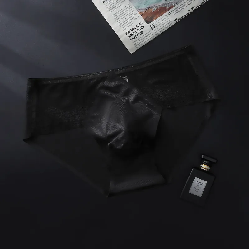 Large Size Men Sexy Panties Silky Satin Bugle Pouch Underwear Lace See Through Brief High Elastic Soft Underpant Bikini Lingerie — image 21