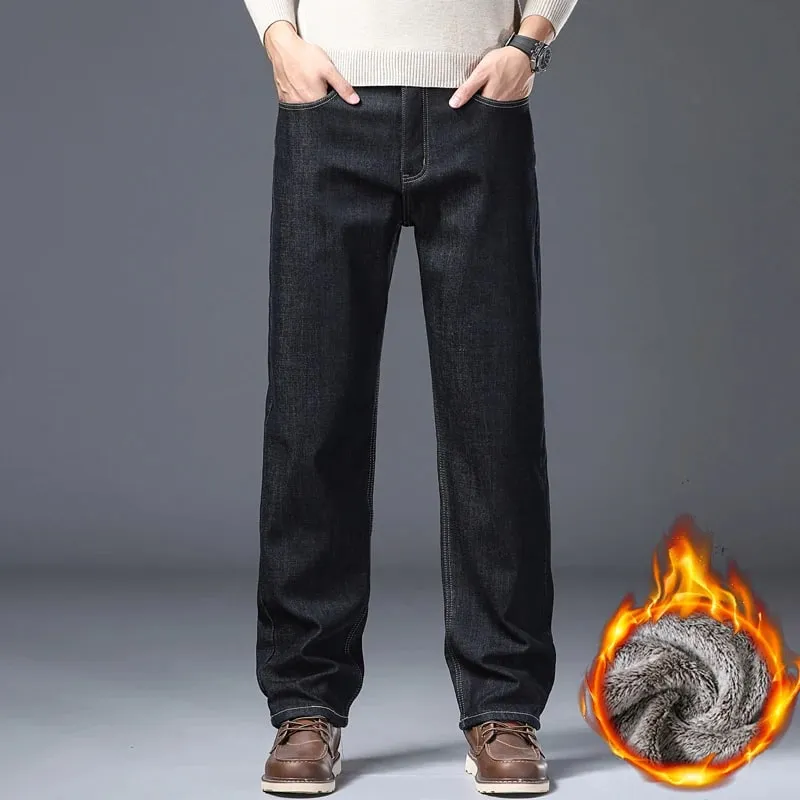 Calça jeans grossa forrada de lã masculina, calça jeans quente estiramento slim fit confortável e macia para uso diário, roupas de trabalho