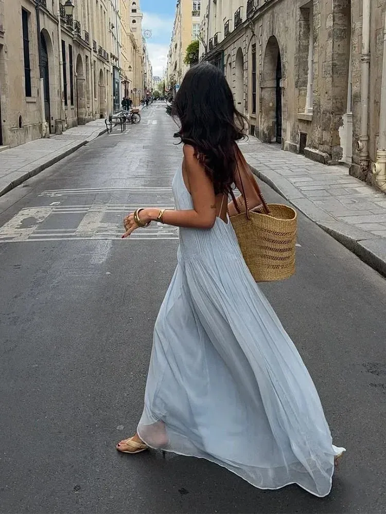 Chic Blue Pleated Backless Long Dress Women's Elegant Loose Hem V-neck Spaghetti Strap Dresses 2026 Lady Summer Beach Vestidos