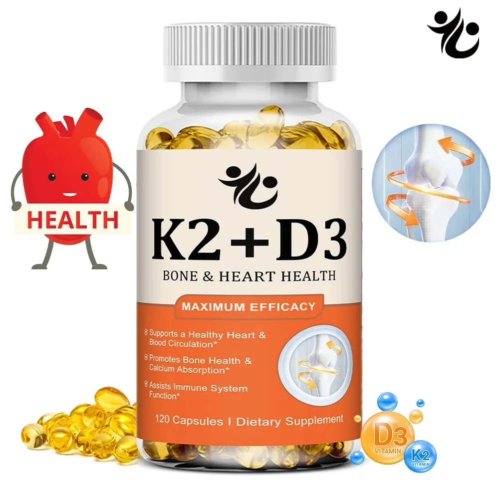 Vitamin D3 + K2-kapsler understøtter calciumabsorption Knogler og led Wellness Hjerte-kar-funktion og immunsystemets sundhed — image 1