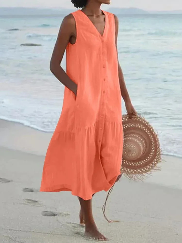Musim Panas Longgar Kasual Patchwork Cotton Linen Pocktes Gaun V Leher Gaya Pantai Gaun Tanpa Lengan Vintage Club Midi Solid Wanita Pakaian — image 2