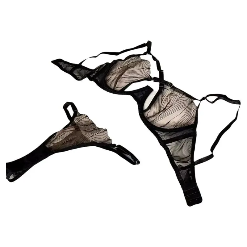 Women Lingerie Set Black Mesh Eyelash Romantic Steel Ring Push Up Underwear Sexy Lace Transparent Triangle Cup Bra and Panty Set — image 1