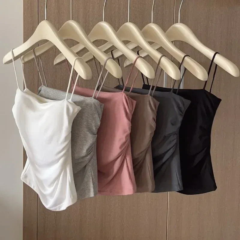 Solid All-Match Pleat Sling Vest Strap Chest Pad Inner Wear Slim Fit Slimming Short Gyaru Outer Wear Top — image 1