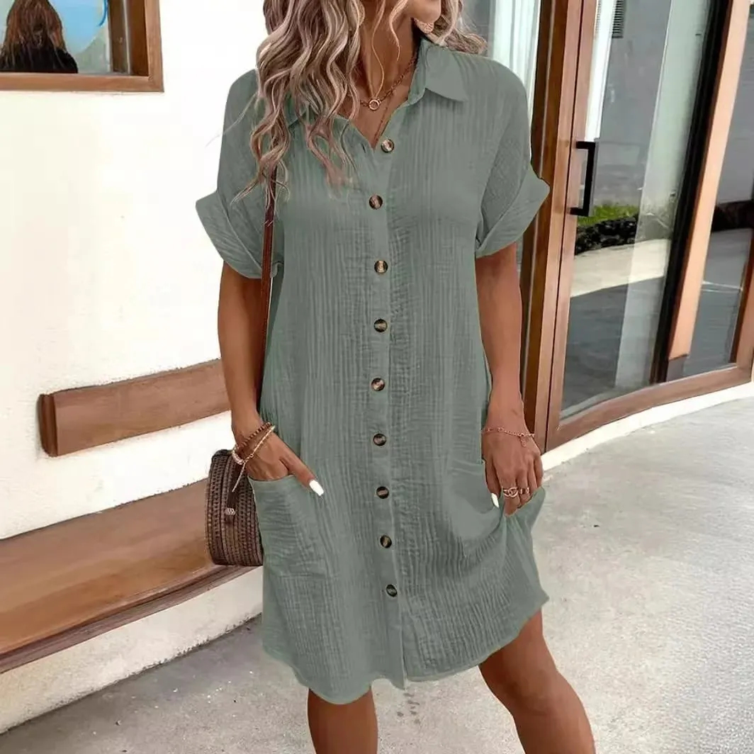 Sexy Button Loose Blouse Dress Summer Female Turn Down Collar Breasted Button Short Sleeve Pocket Beachwear Dresses SZE-ST24056 — image 4