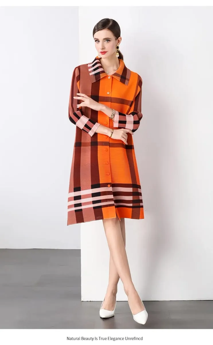 Autumn 2024 Arrival Miyake Fashionable Pleated Dress with Printed Stripes Chic Loose Collar Button Placket Color Locked Design