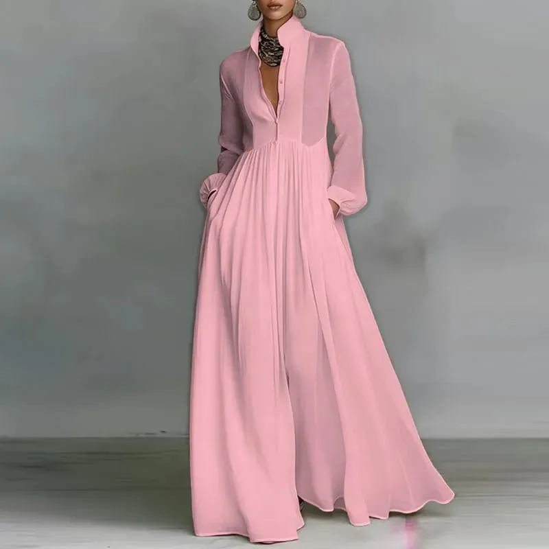 Robe longue française élégante, taille haute, balançoire, poches solides, plissée, Maxi, manches longues, boutons, robe de soirée, printemps, automne — image 8