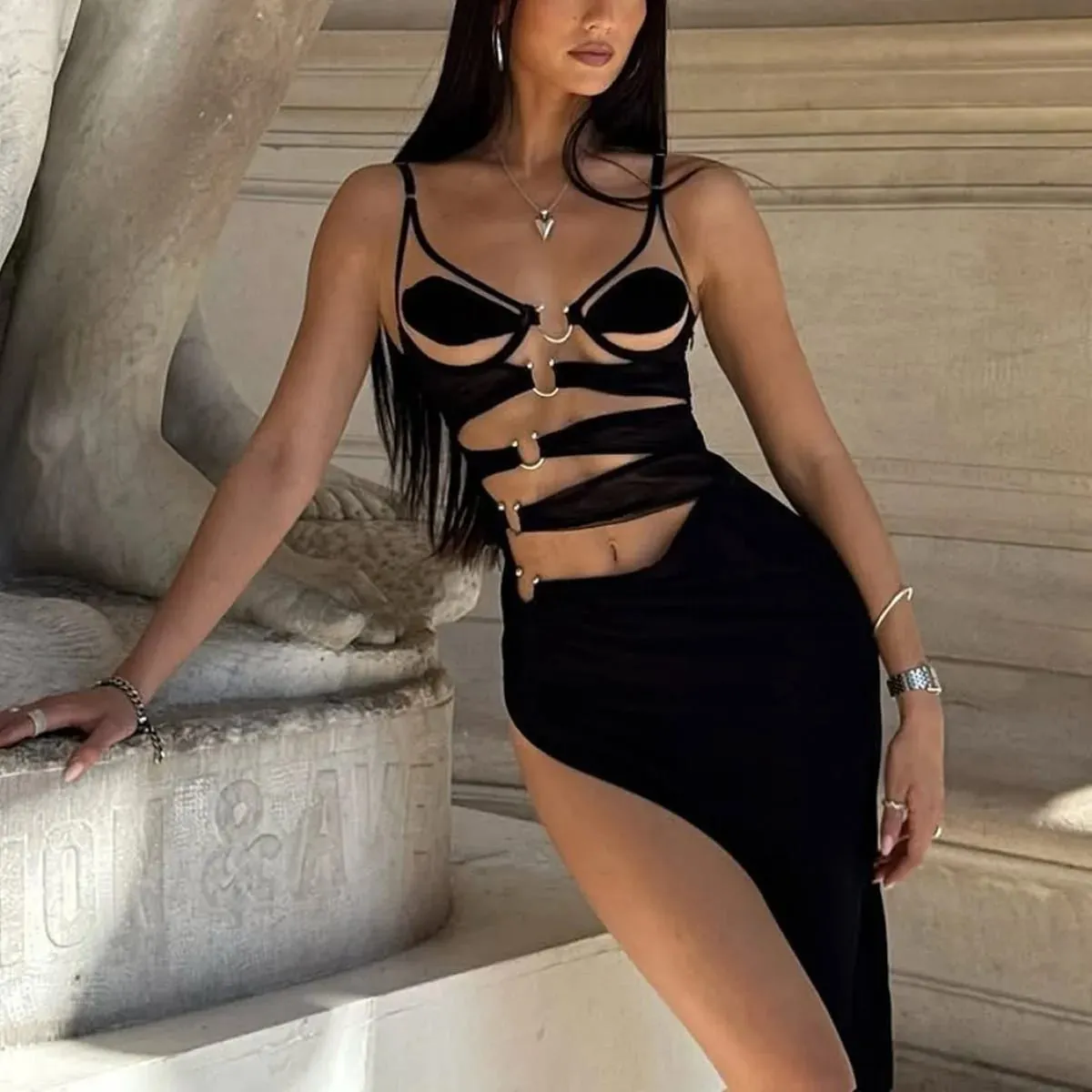 Two piece set of metal decoration splicing perspective sexy and charming high slit hip hugging body shaping suspender dress — image 1