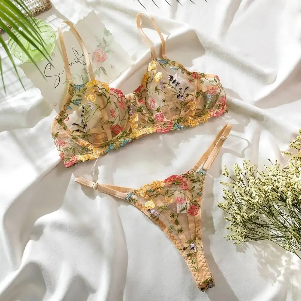 2-Piece Embroidery Lingerie Set Sexy Floral Sheer Wireless Bra Boho Bra Panty Set — image 1