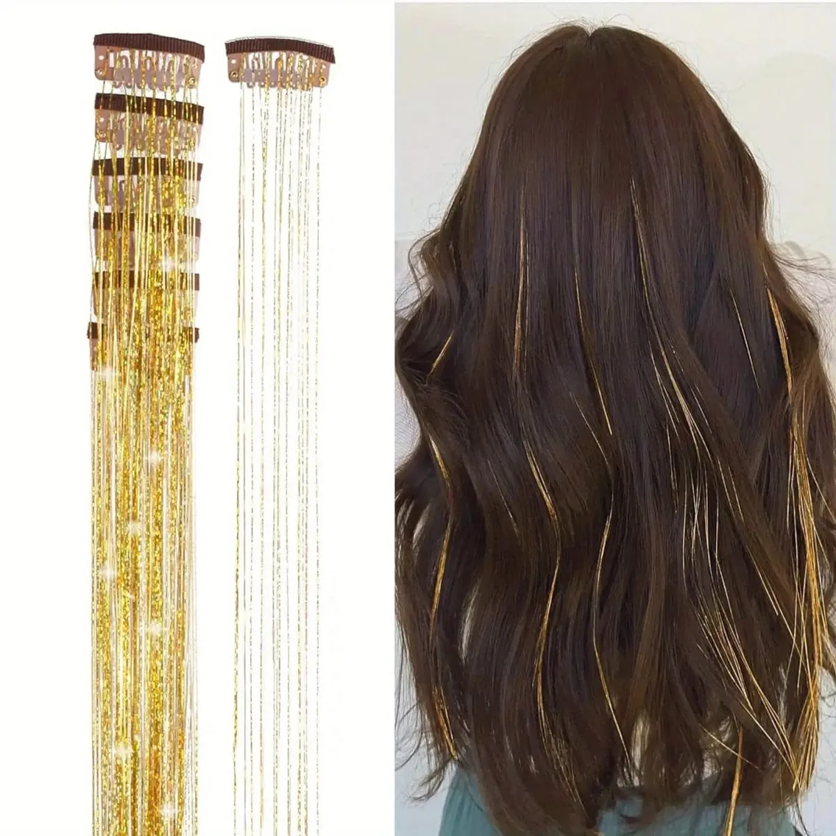 Color bright silk clip seamless hair extensions glitter gold silk dazzling laser wire color strips synthetic wigs — image 6