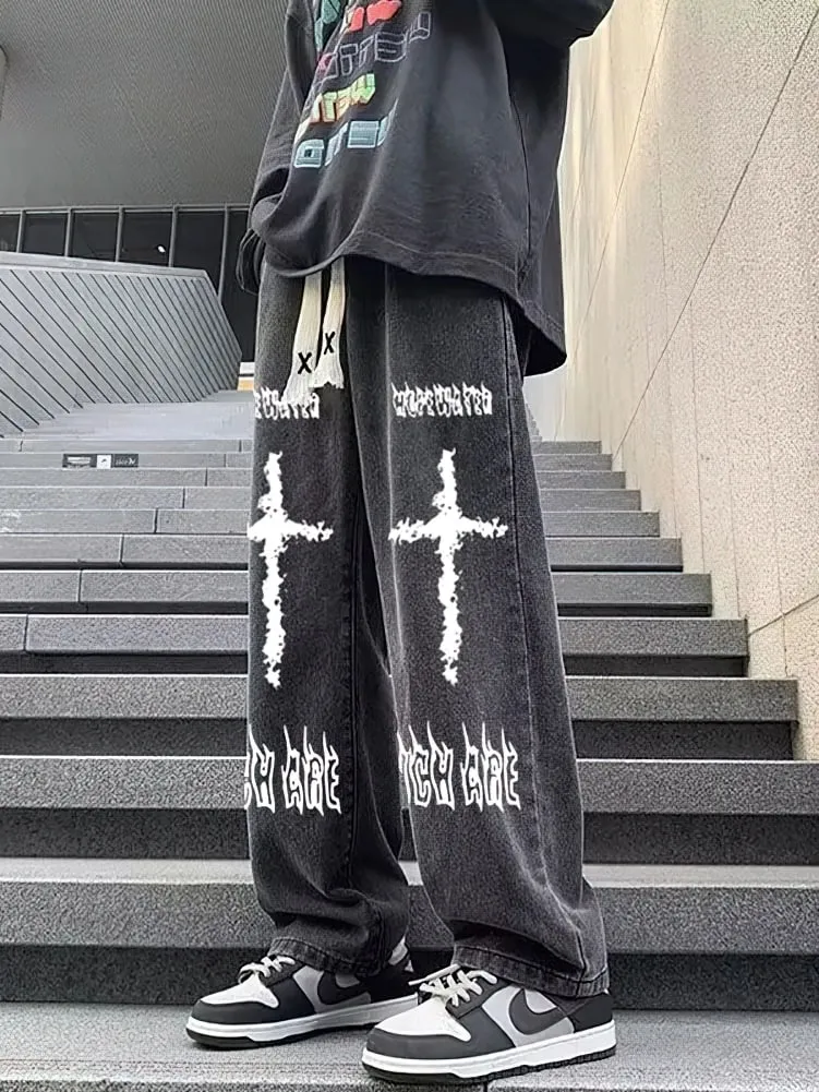 Printed Black Baggy Jeans Pants Men Straight Oversize Graphic Casual Wide Leg Denim Long Trousers Korean Drawstring Sweatpants — image 2