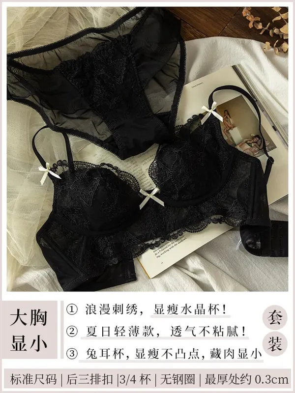 French Lace Lingerie Set Women Wirefree Minimizer Support Summer Ultra Thin Bra Large Chest Petite Look Bunny Ears — image 10