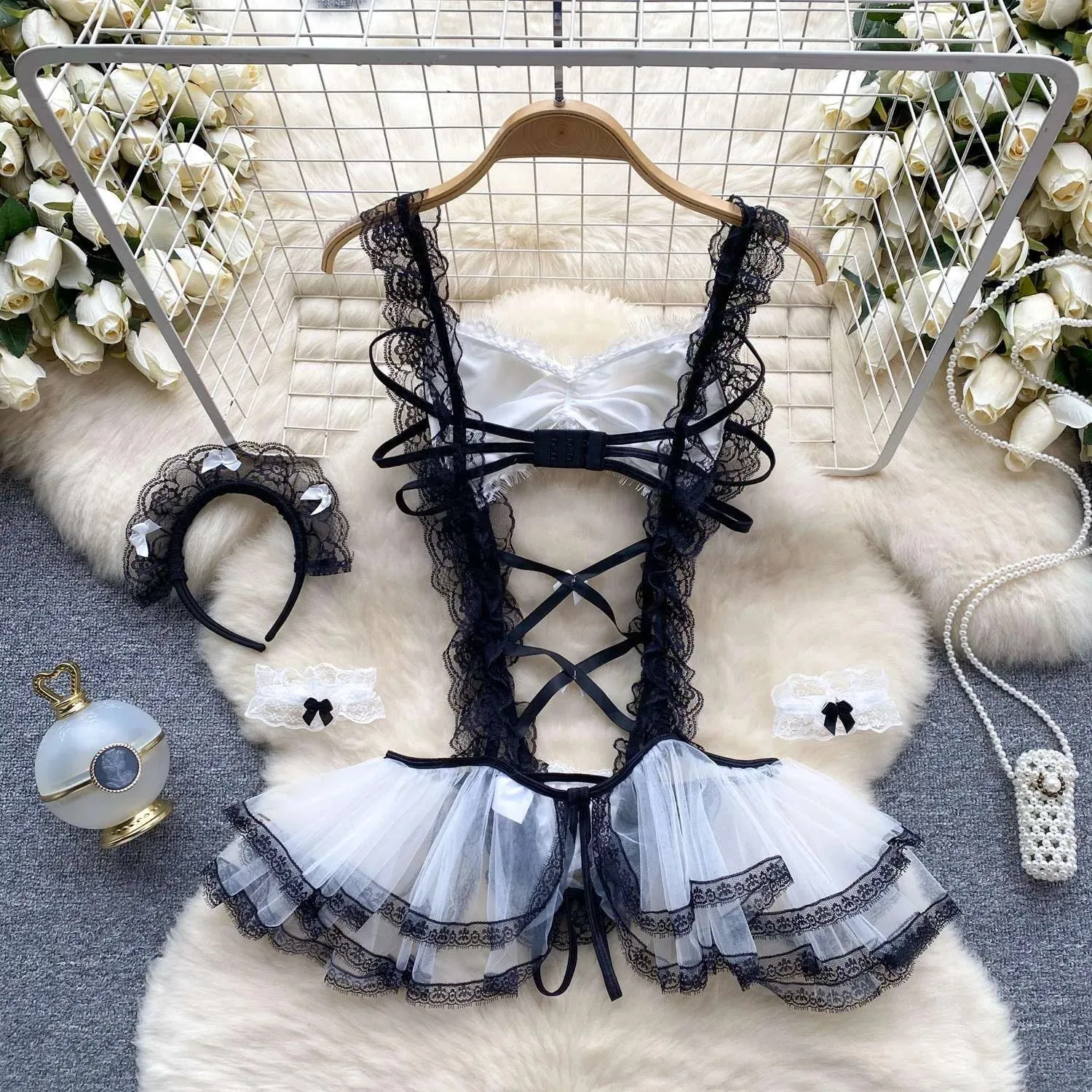 Lolita Strap Bodysuit With Cross Lace Up Hollow Patchwork Playsuit Double-Layer Sheer Mesh Sweet Women's Pajamas Sexy Lingerie — image 2