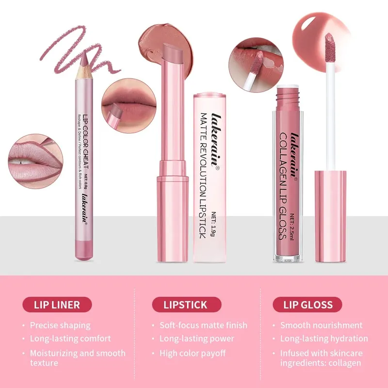 5 farve læbe liner + læbestift sæt og læbe plet let farve mat læbe kit læbestift Langvarig rød læbestift læbe makeup sæt — image 4