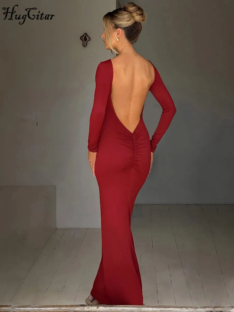 Hugcitar Spring Elegant Long Sleeve Backless Solid Cuched Sexy Bodycon Maxi Prom Dress Women Outfit Evening Party Festival Y2K — image 5