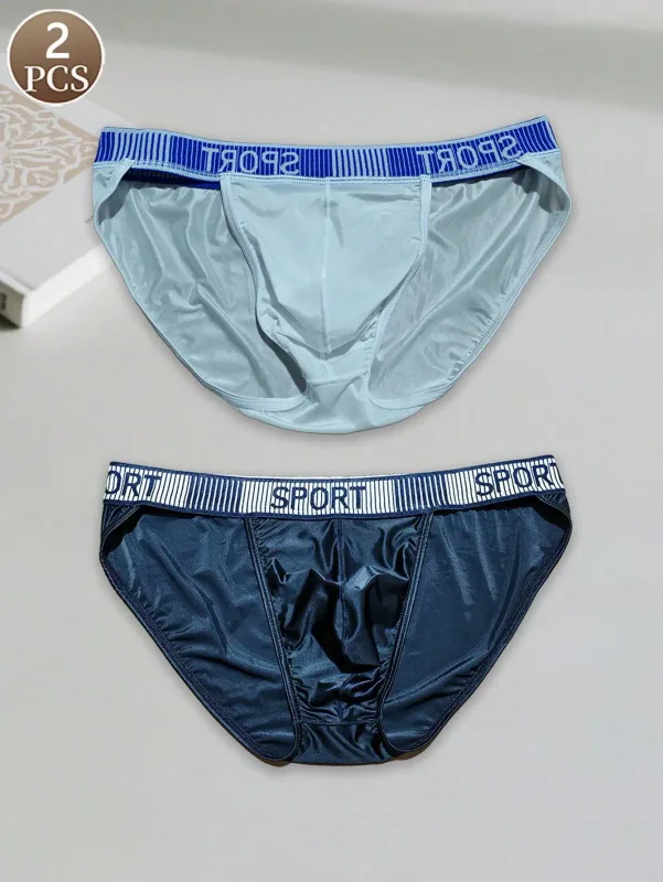2PCS Basic casual sports knit fabric soft solid color low waist quick drying Men's sports cool ice silk brief — image 2