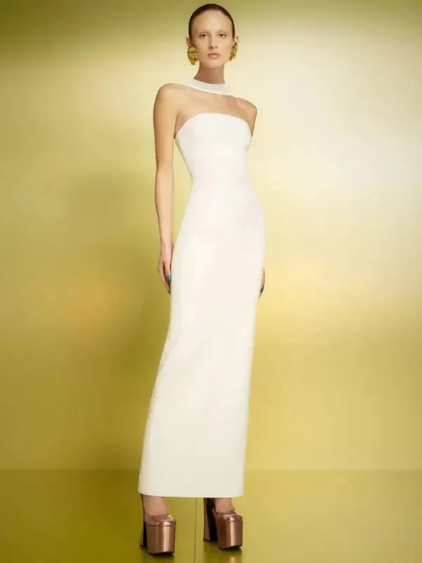 ผู้หญิงที่มีชื่อเสียงเซ็กซี่Backless HalterสีแดงสีขาวMaxiยาวฤดูร้อนผ้าพันคอBodycon Dress 2025 Elegant Evening Club Partyชุด — image 5