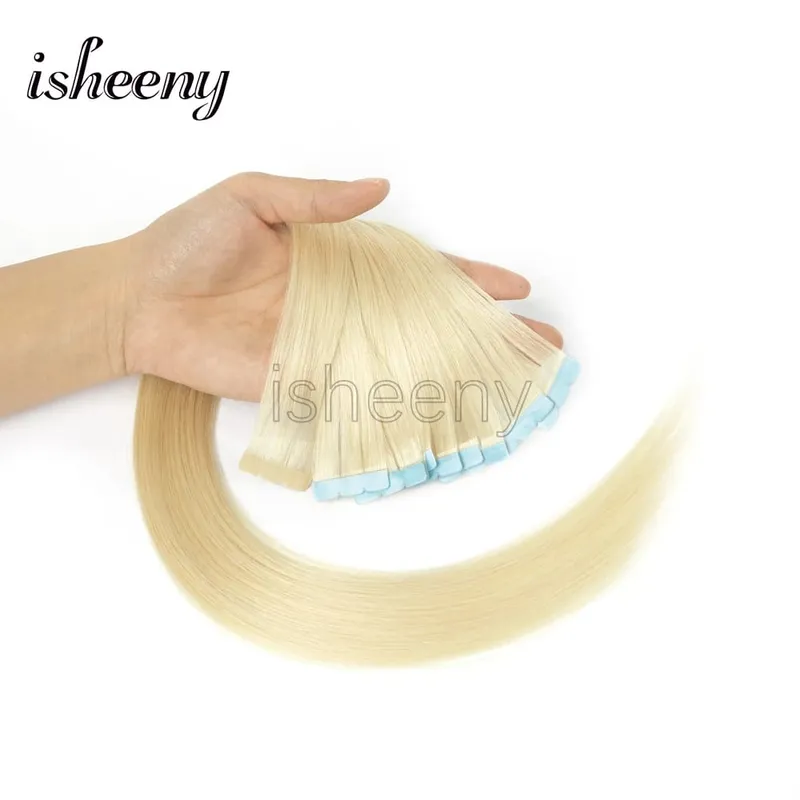 Isheeny Mini Tape In Human Hair Extensions 12"-24" Machine Remy Skin Weft Adhesive Tape Hair Natural Black Brown Blonde Tape Ons