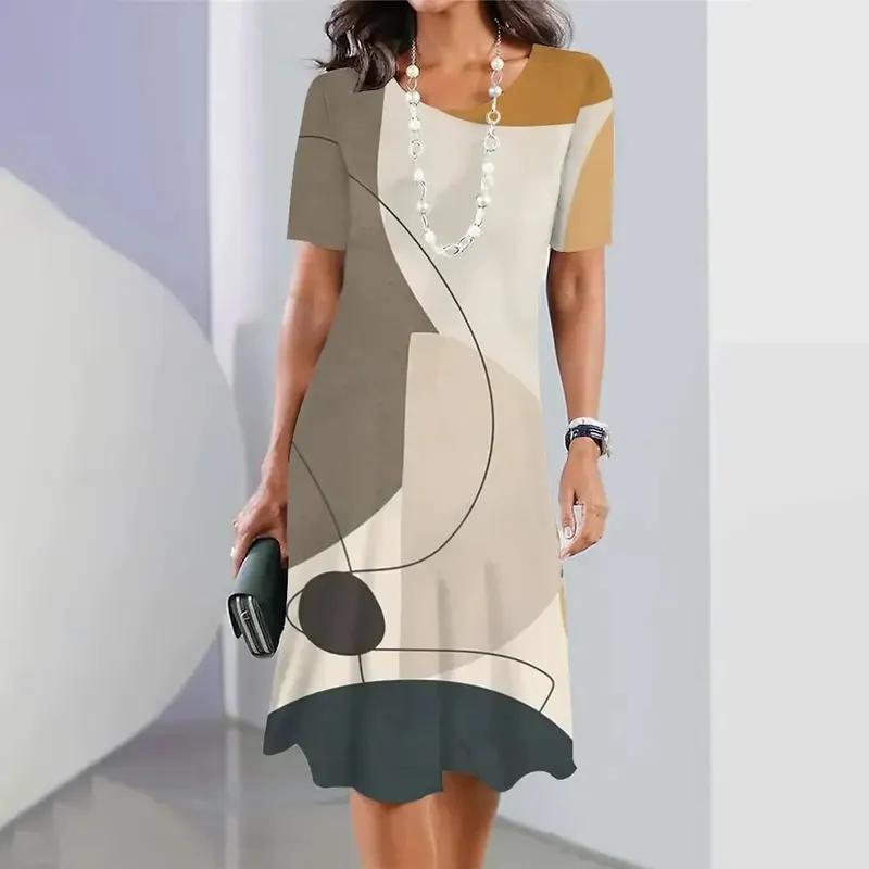 New Geometric Curve Graphic Print Women's Dresses Elegant Loose Short Sleeve O-Neck Summer Dresses Female Fashion Sundress — image 4