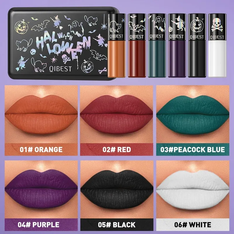 6Pcs/Set Waterproof Liquid Lipstick Sexy Halloween Lip Stick Matte Velvet Black Lipsticks Red Orange Lip Makeup Labiales