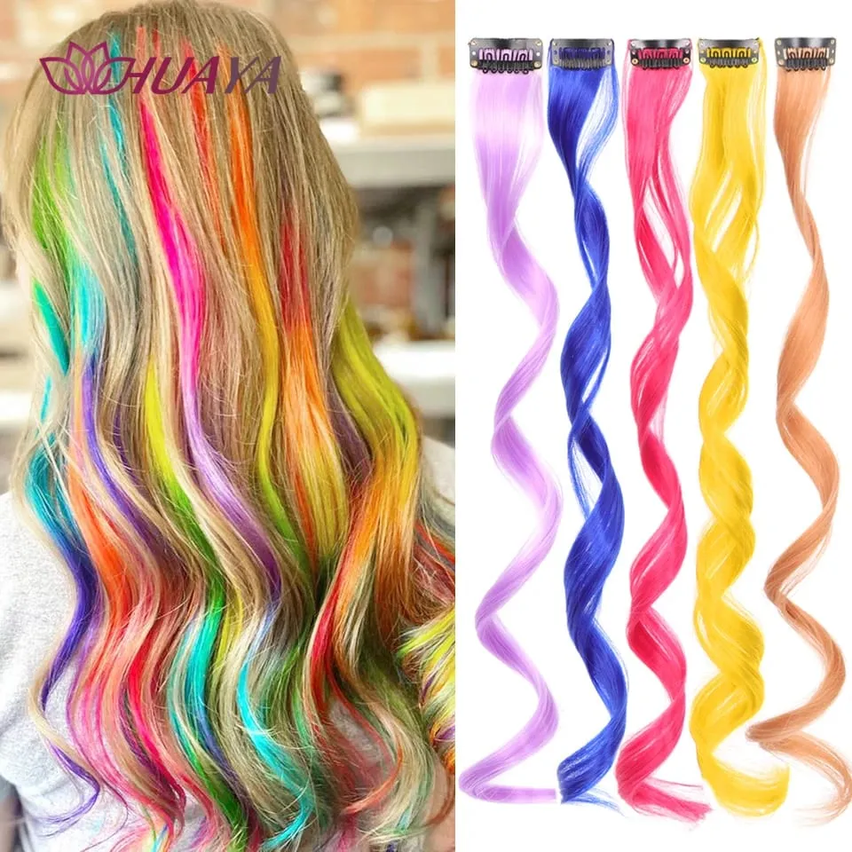 Synthetic Clip In One Pieces Colorful Hair Extensions Curly Synthetic Hair Pieces 18" Long Ombre Hair Pink Purple Red Blue — image 2