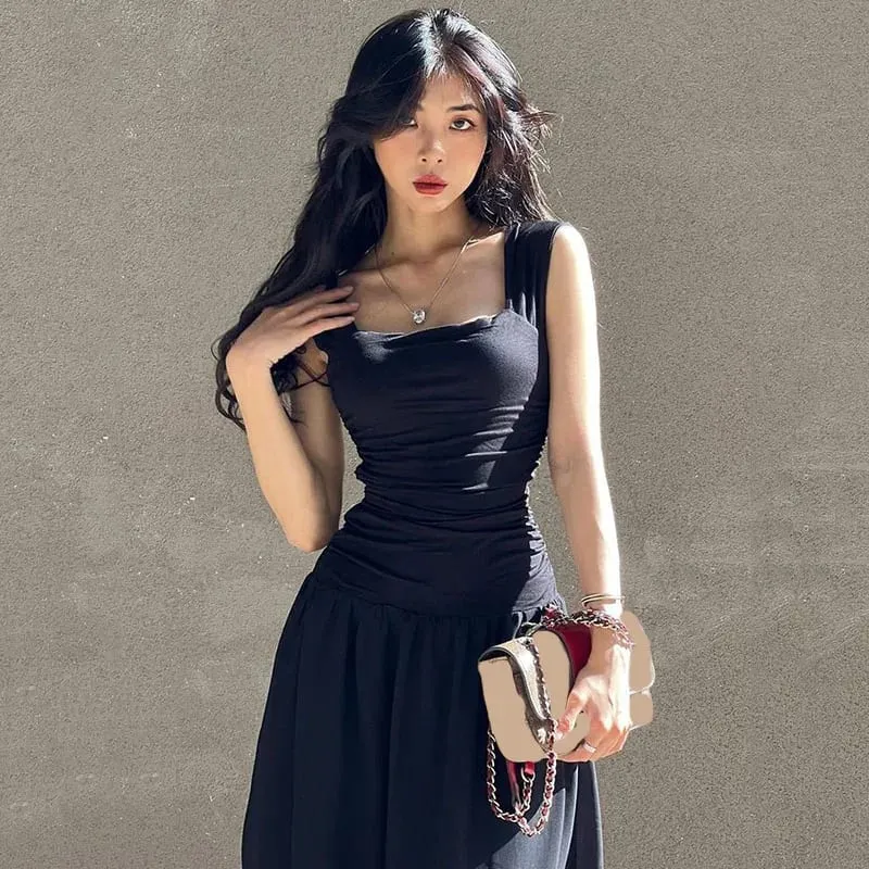 Black Wide Strap Maxi Dress for Women Summer Elegant Temperament High-Waist Party Long Dresses Sexy Ruched Bodycon Midi Dress — image 5